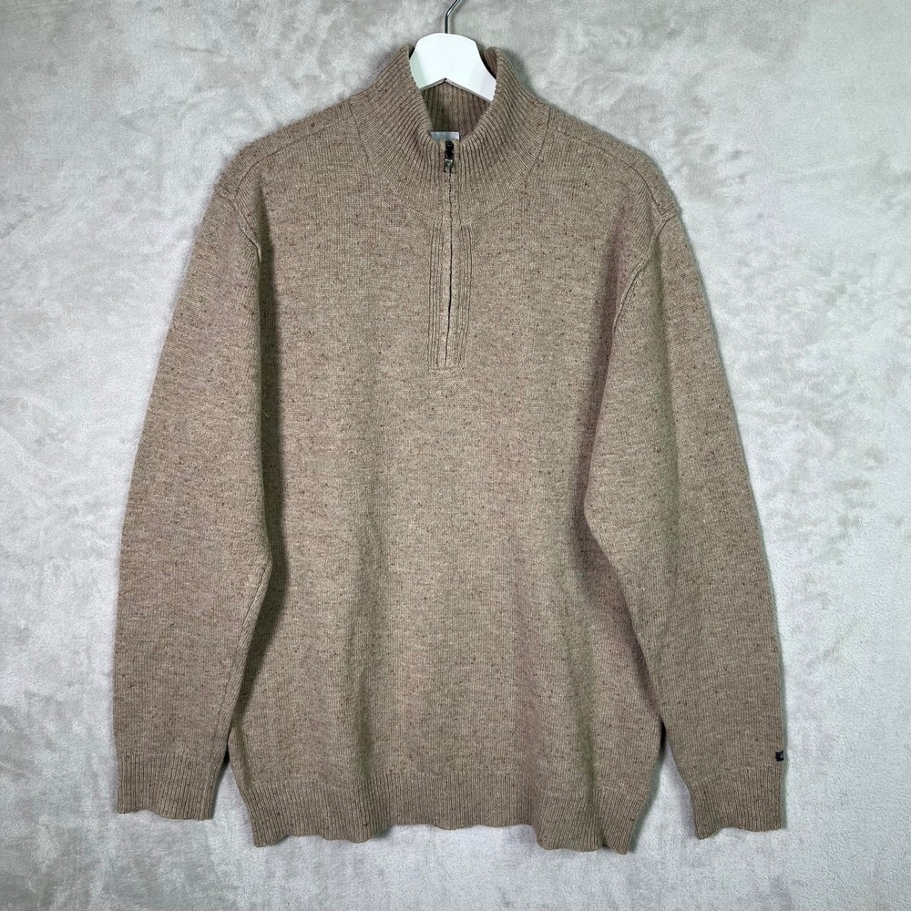 Columbia Sweater Mens L Beige Brown Long Sleeve 1/4 Zip Knit Pullover Wool Blend